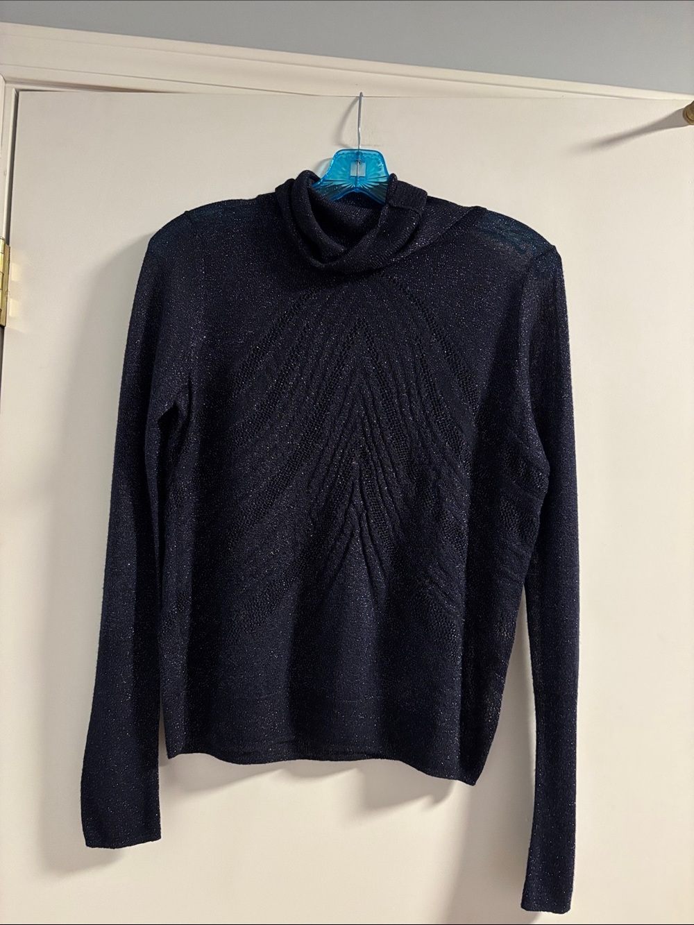 Angel of the North navy shimmer metallic sheer knit turtleneck sweater. Small